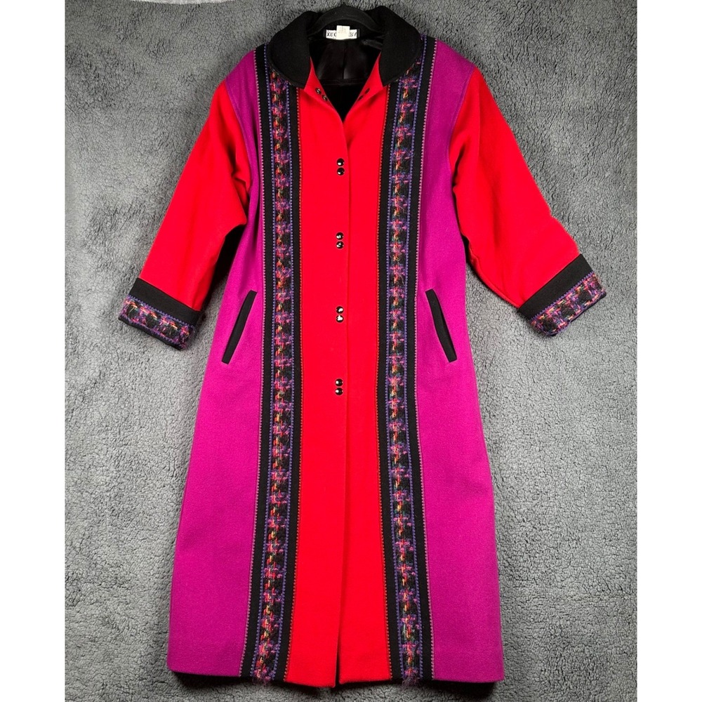 Vintage Coloratura 100% Wool Colorblock Long Coat S/M USA Maximalist Boho Retro